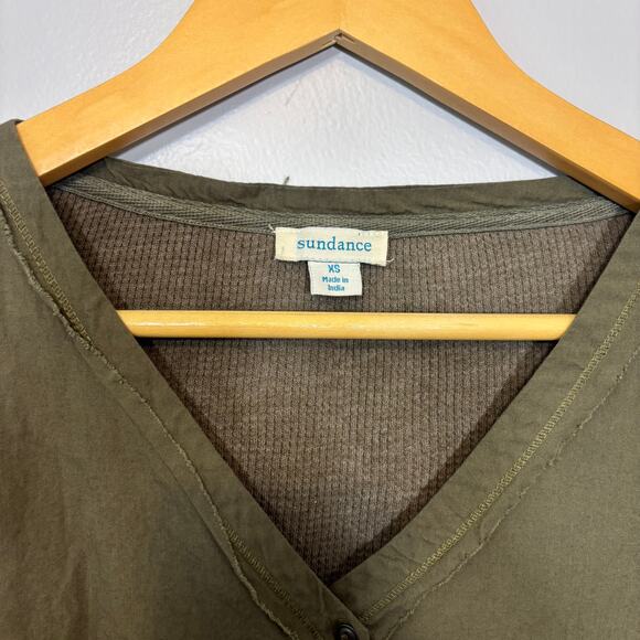 Boho Thermal Waffle Henley Long Sleeve Top Olive Green Layering XS | Soft Autumn - Picture 3 of 6